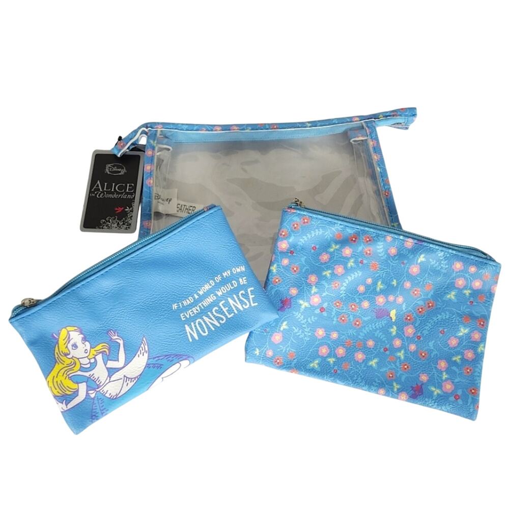 NWT Loungefly Disney Heart Logo Alice in Wonderland 3‑Pc Makeup Bag Set